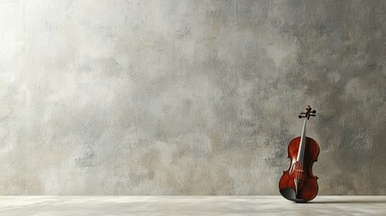 Violin resting on its side, leaning against a blank background wall, leaving space for a music quote or tagline.