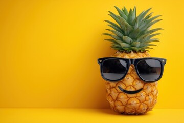 Pineapple wearing sunglasses with a cheerful smile. Bright yellow backdrop creates a vibrant summer atmosphere. Concept of tropical lifestyle, summer parties, food industry