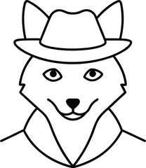 Cartoon illustration of a stylish fox wearing a fedora smiling in black outline
