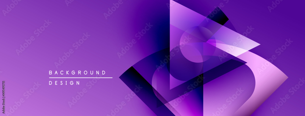 Poster abstract purple design features overlapping geometric shapes, gradients, soft shadows. modern aesthe