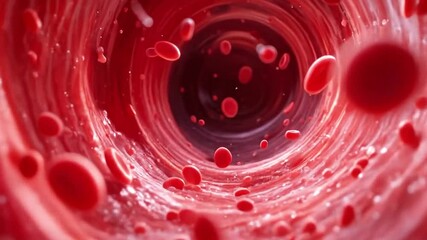 Inside a blood vessel, red blood cells flowing dynamically through a pulsing artery - Powered by Adobe