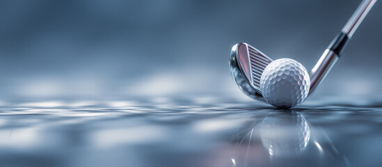 Close up of a golf club poised to strike a golf ball on a sleek, reflective surface banner - precision and elegance of the sport.