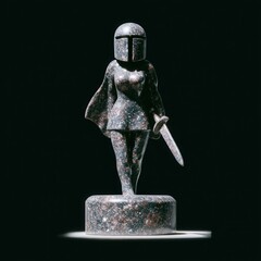 Highly detailed 3D female knight statue with sword and flowing cape on circular base