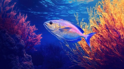 Fototapeta premium Underwater Serenity: A Fish Amidst Coral Reefs Shimmers with Iridescent Hues