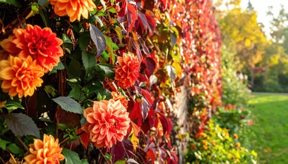 Obraz premium Floral vibrancy: Dahlias and autumn foliage paint a natural masterpiece outdoors