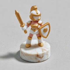 Fantasy female paladin figure in gold-trimmed armor, ornate round pedestal