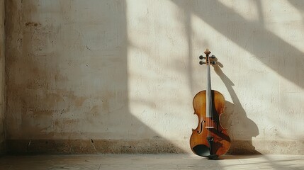 Violin standing against a neutral wall, creating space for an elegant music-related message or slogan.