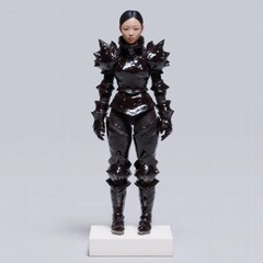 3D model of gothic-style female knight with black armor and spiked stand