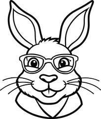 Cute black and white illustration of a smiling rabbit wearing stylish eyeglasses and a bow tie