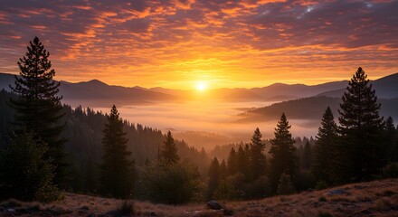 Mountain Sunrise with Mist and Pine Trees