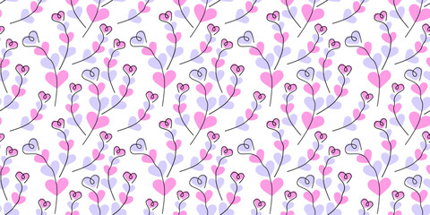 Freehand Hearts shape twigs with heart shape leaves Confetti shades Seamless Pattern Love Backdrop