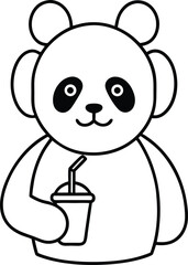 Cute panda bear cartoon illustration with drink cup and straw in black and white design