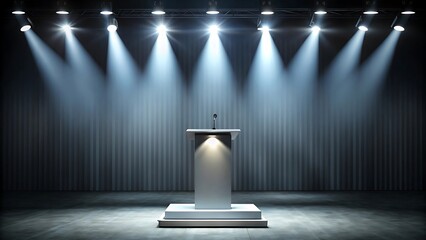 Well lit podium with microphone stands ready on a stage for a speaker