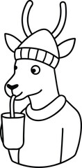 Cute cartoon deer wearing a beanie hat drinking from a cup in black and white outline