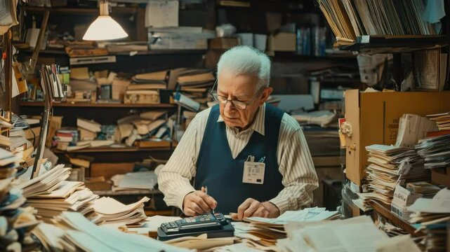 Elderly Man Calculates with Calculator Amidst Piles of Paperwork in an Office