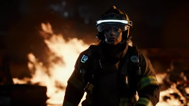 Courageous Young Caucasian Female Firefighter Battling Blaze at Night                                                     