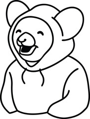 Playful and happy cartoon bear wearing a hoodie smiling with joyful expression in simple black outlines