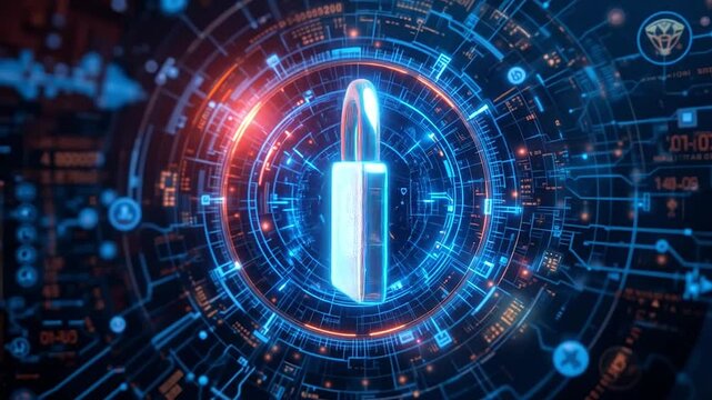 Secure server icon rotating with holographic tech overlays