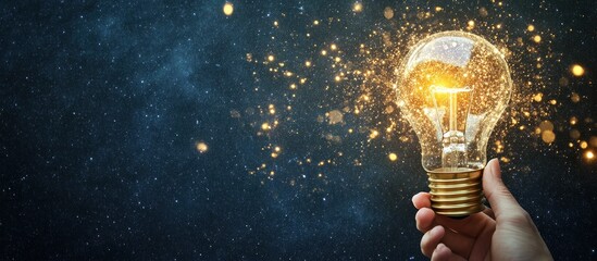 Hand holding glowing lightbulb, cosmic background, idea concept, website banner