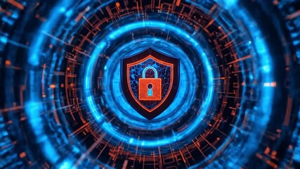 Secure system shield rotating in digital tunnel with glowing effects - Powered by Adobe