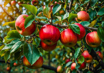 Bright Red Apples Growing on Tree Branch in Sunny Orchard