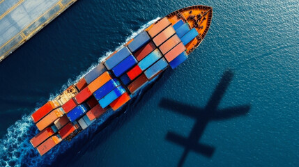 Fototapeta premium copy space and Aerial view of the freight shipping transport system cargo ship container