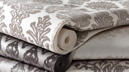 Elegant, patterned fabrics in various shades of gray.