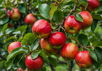 Fresh Ripe Red Apples Hanging From Tree Branches Green Leaves