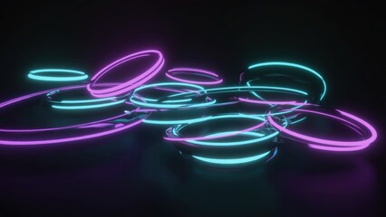 Fluorescent neon tubes in various sizes and shapes (circles, lines , ) rotating and orbiting in 3D space.