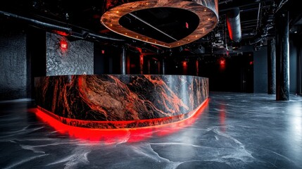 Naklejka premium Modern Nightclub Interior with Red Accent Lighting and Reflective Marbled Flooring