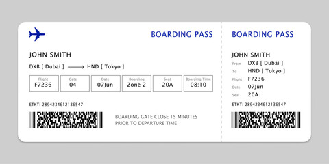 Airplane ticket layout. Boarding pass template for travel. Simple air travel boarding pass vector illustration.