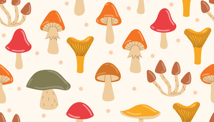 Colorfl autumn mushroom seamless pattern with small dots. Earthy and playful design, ideal for textile prints, packaging, or autumn-inspired digital projects.
