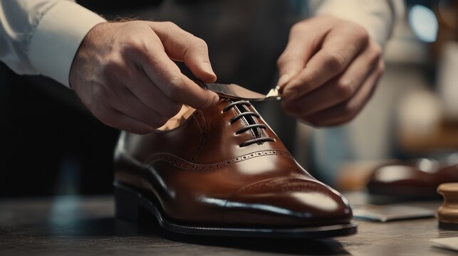 Skilled shoemaker meticulously repairing a classic leather shoe