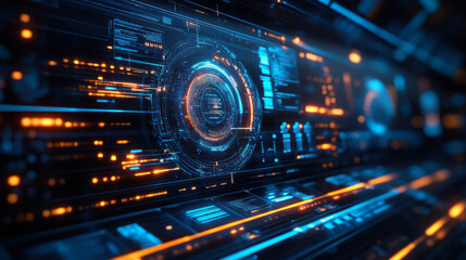 Obraz premium Digital graphs and hexagon grids with abstract high speed technology POV motion blur with building in background