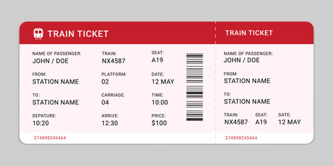 Train ticket template. Modern red color train ticket design, vector illustration.