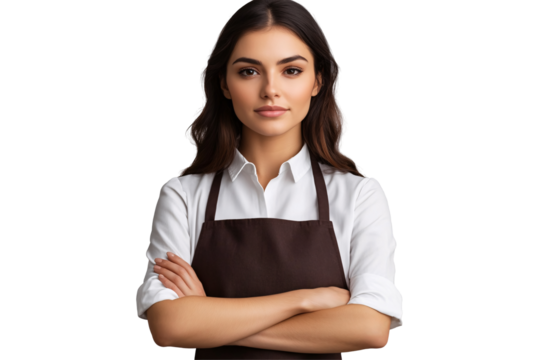 Isolated Young Woman in Apron with Arms Crossed