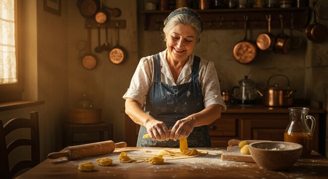 A traditional Italian grandmother making fresh pasta by hand in a rustic kitchen, soft natural lighting, flour on the wooden table, vintage decor, warm tones