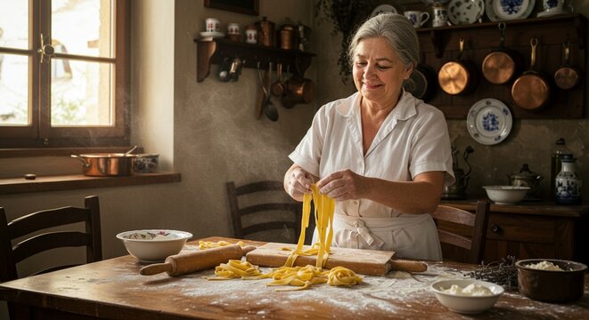A traditional Italian grandmother making fresh pasta by hand in a rustic kitchen, soft natural lighting, flour on the wooden table, vintage decor, warm tones