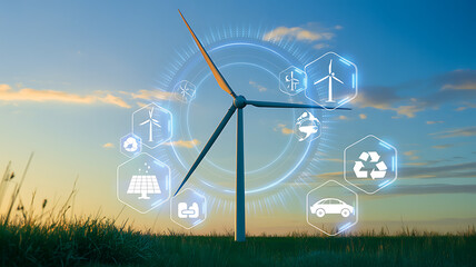 Clean energy wind turbine with sustainable technology icons