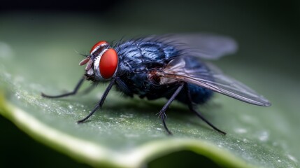 Naklejka premium Close-up macro shot of a housefly with vivid red compound eyes and iridescent dark blue wings resting on a green leaf, showcasing insect anatomy, biology details, and natural ecosystem perspective.