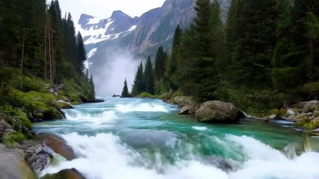 Waterfall flowing directly into a wide river 