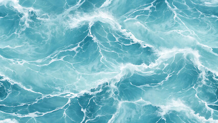 Dynamic Ocean Surface Displaying Turbulent Waves Crashing and Swirling Forming White Foamy Crests with Azure and Teal Colors