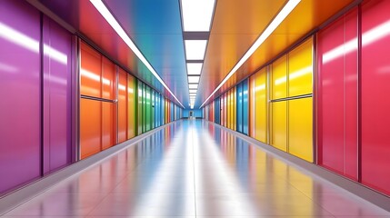 Fototapeta premium Vibrant rainbow colored hallway with glossy floor and ceiling lights offers modern aesthetics