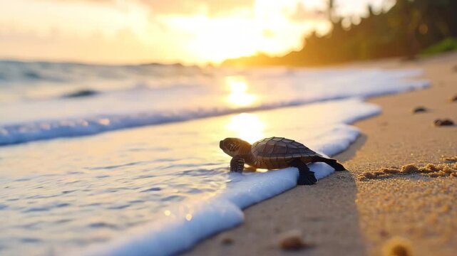 Baby sea turtle sandy beach sunrise with ocean waves background, tropical coastline, peaceful and hopeful atmosphere, wildlife conservation, nature, and animal journey as baby sea turtle makes its