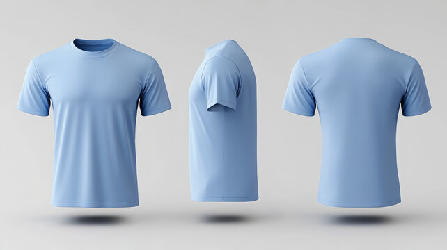 Light blue t shirt mockup displayed in front, side, and back view, showcasing its design and fit