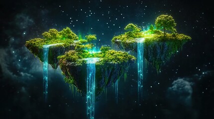 Surreal floating islands in a cosmic landscape with waterfalls cascading from above, illuminated by bioluminescent plants glowing under a starry sky. Dreamlike digital art