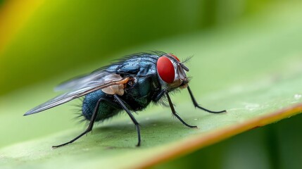 Fototapeta premium Close-up macro shot of a housefly with vivid red compound eyes and iridescent dark blue wings resting on a green leaf, showcasing insect anatomy, biology details, and natural ecosystem perspective.