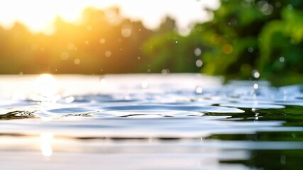 Calm water surface with ripples, glowing reflections, and mist morning sunlight, surrounded by green nature, water droplets splashing, creating peaceful, refreshing, and tranquil atmosphere with - Powered by Adobe