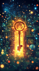 A glowing key surrounded by magical lights and books, symbolizing knowledge and discovery