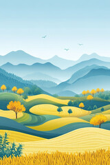 Autumn countryside golden rapeseed flower terraced fields countryside scenery illustration